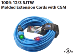 Extension cord with safety dual, lighted ends, 12/3AWG, 100' for use with 120V tools